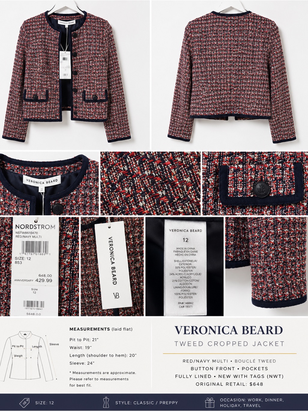 Veronica Beard Red & Navy Tweed Cropped Jacket